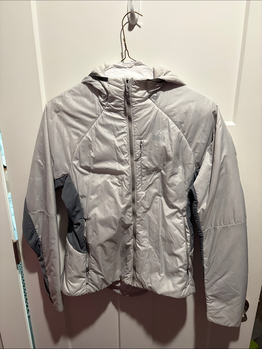 REI Light Gray and Dark Gray Hooded Insulated Puffer Jacket